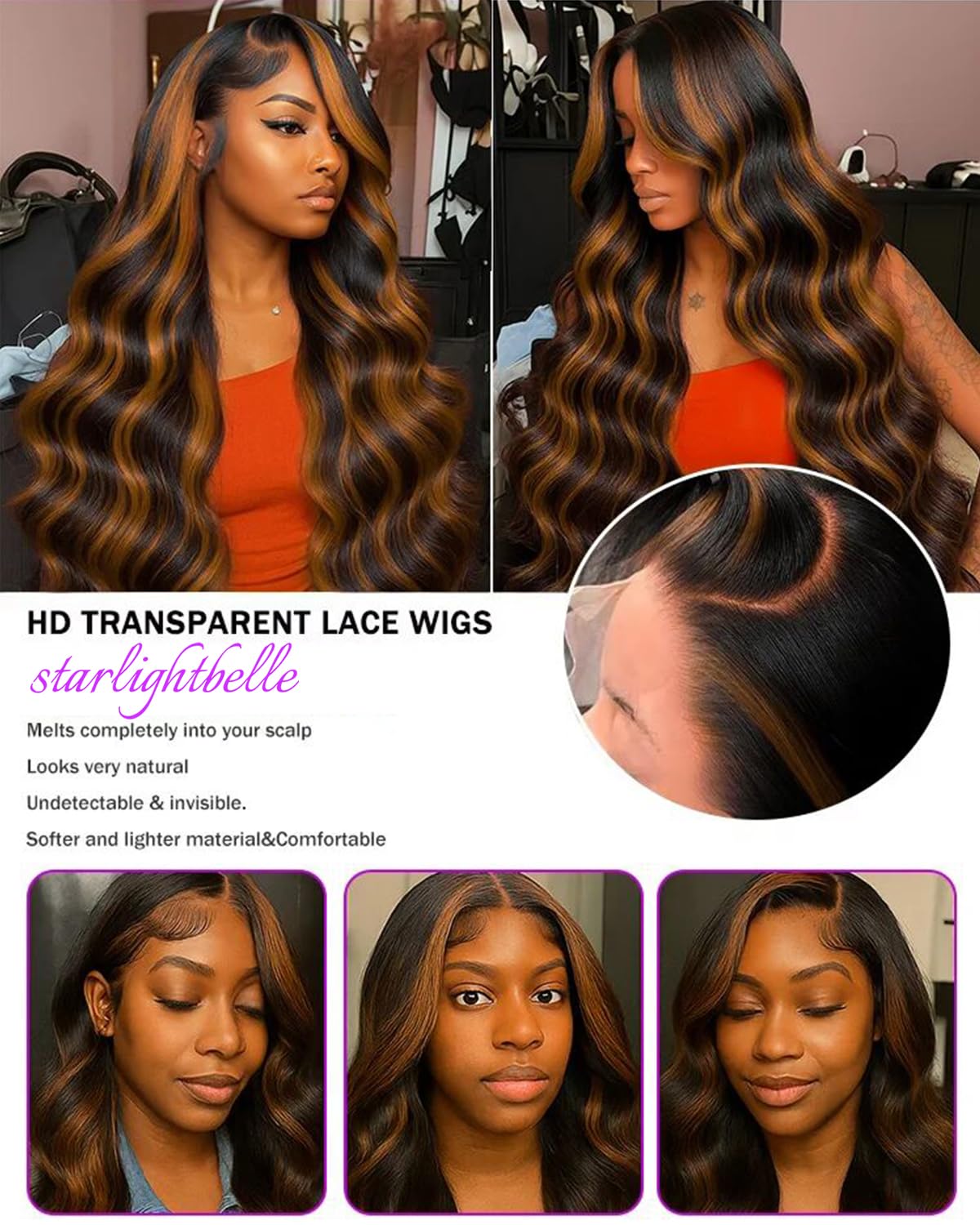 Blended Hair 28 Inch Highlight Ombre Lace Front Wig Wear and Go Glueless Wig 1B/30 Body Wave Wig Bio-Hybrid Memory Core™ Premium Fiber/Human Hair 220% Density