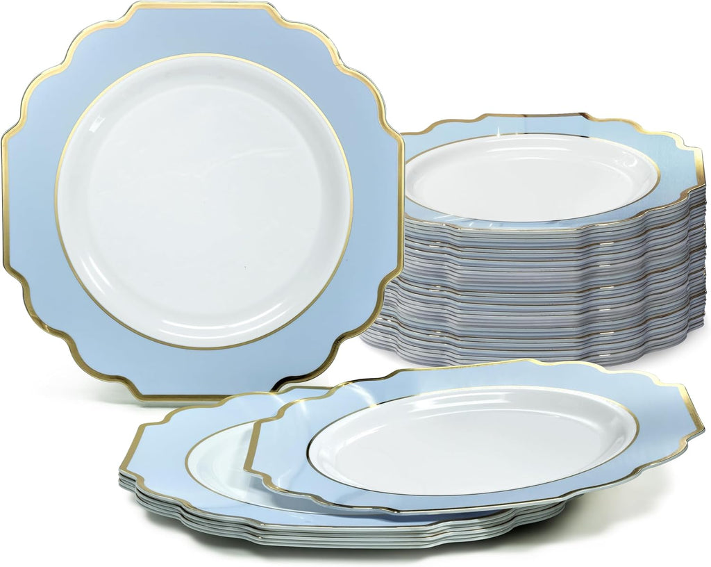 " OCCASIONS " 120 Plates Pack, Heavyweight Disposable Wedding Party Plastic Plates (6.5'' Cake/Dessert Plate, Imperial White/Blue & Silver)