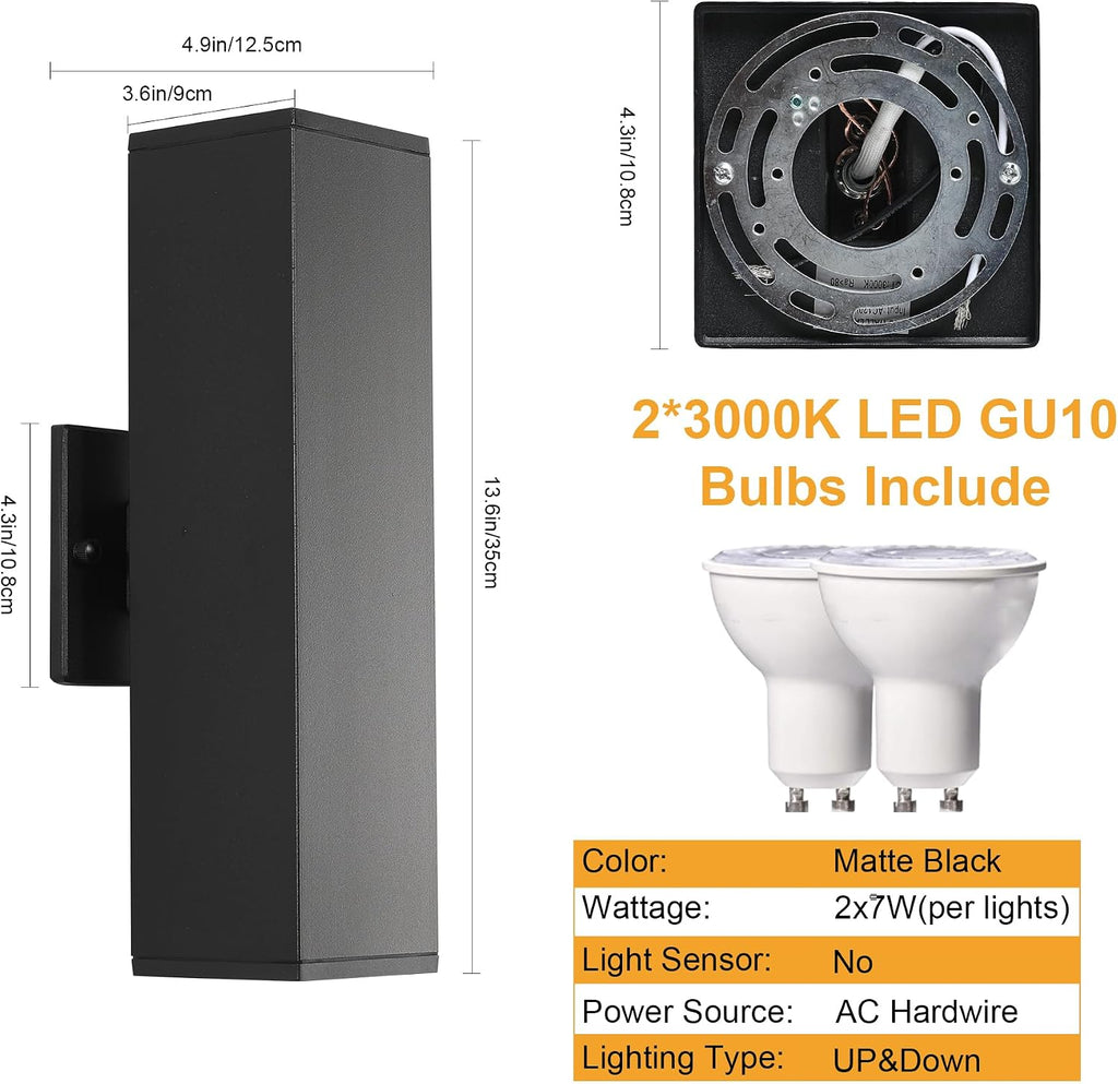 Outdoor Light Fixture,Black Outdoor Porch Light,Up and Down Modern Exterior Wall Light for for Front Door,Patio,Garage Include 4 * 7W Warm White LED Bulbs,Waterproof,Aluminum,2Packs