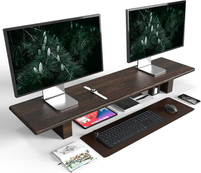 "WEGASTU Solid Wood Rustic Desk Monitor Stand with Storage，Large Dual Monitor Stand Riser for Laptop Computer/TV/PC/Printers, Perfect Desktop Stands Organizer with Underneath Storage for Office Hover Image