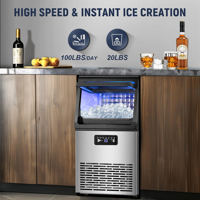 100LBS/24H High Output - Commercial Ice Maker with 20LBS Storage Bin - Dual Water Inlets, 36 Ice Cubes/Cycle, 15" Compact Undercounter/Freestanding Design - Self-Cleaning for Home Bars, Outdoor Main Image