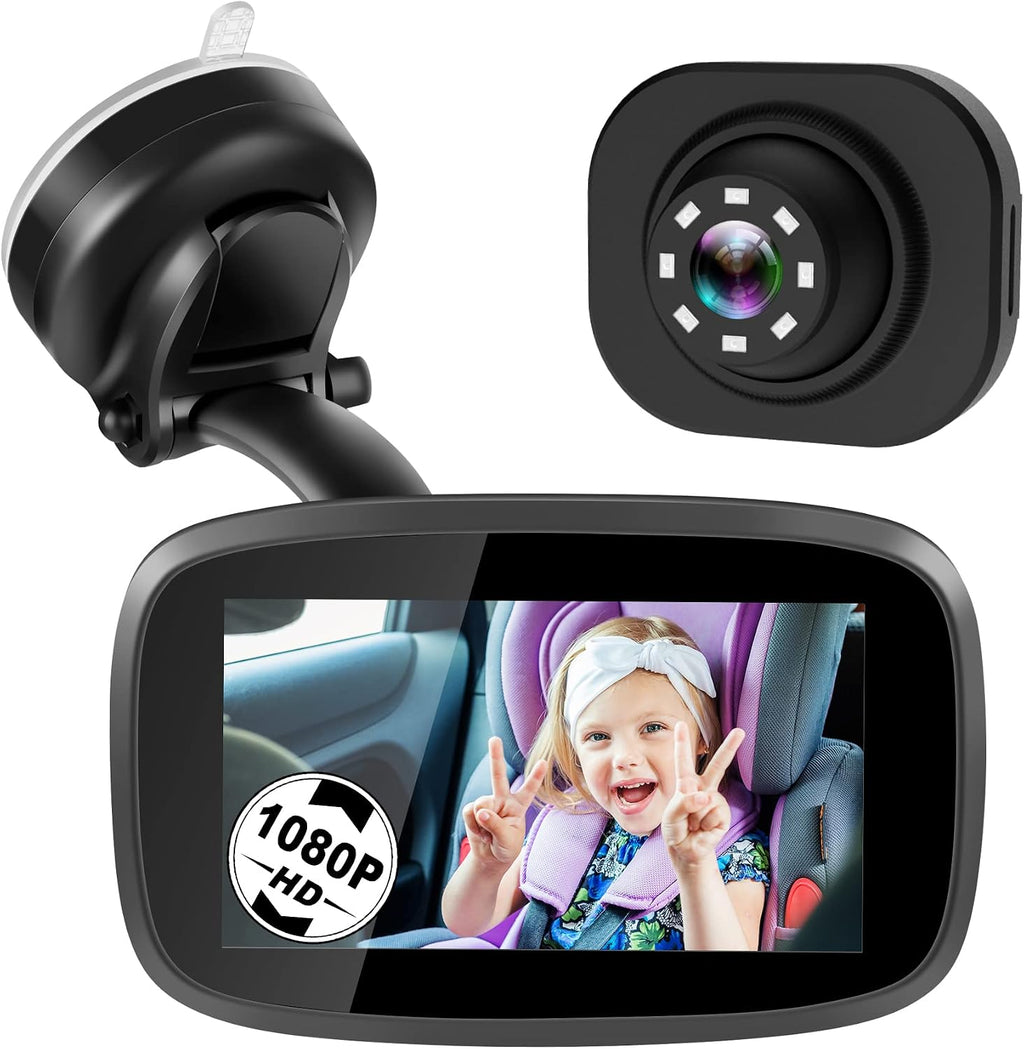 1080P Baby Car Mirror, Shybaby 4.3" Baby Car Camera Monitor with 170° Wide View, HD Night Vision Function and Reusable Sucker Bracket, Safety Rear Facing Cars Set Camera for Infants Kids Toddlers