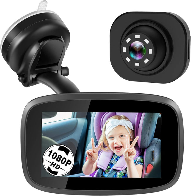 1080P Baby Car Mirror, Shybaby 4.3" Baby Car Camera Monitor with 170° Wide View, HD Night Vision Function and Reusable Sucker Bracket, Safety Rear Facing Cars Set Camera for Infants Kids Toddlers Hover Image