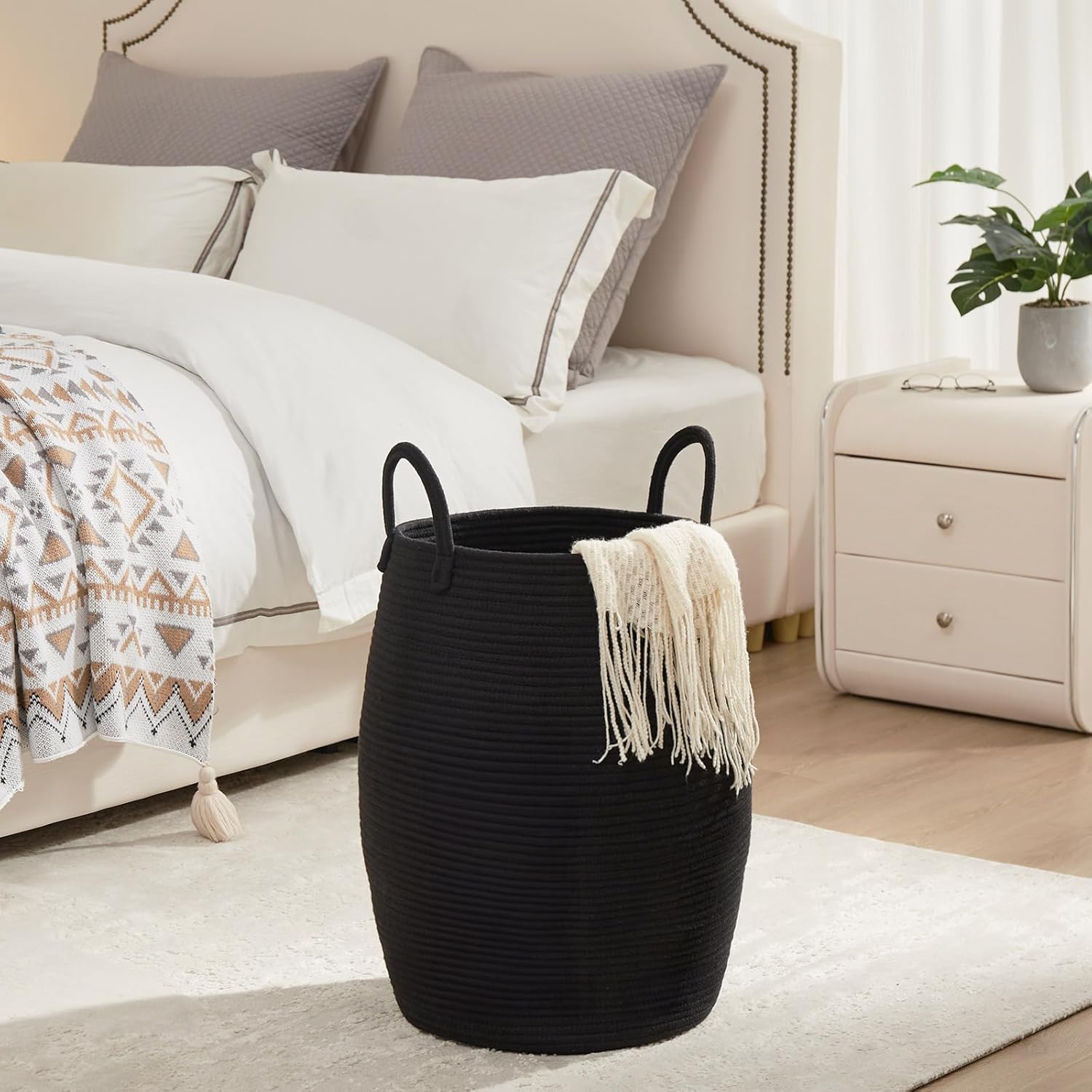 105L Extra Large Laundry Hamper Basket by Fiona's magic, Woven Tall Clothes Hamper for Storage Blanket, Toys and Dirty Cothes in Bedroom and Living Room Organizer, Brown & Black