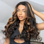 Blended Hair 28 Inch Highlight Ombre Lace Front Wig Wear and Go Glueless Wig 1B/30 Body Wave Wig Bio-Hybrid Memory Core™ Premium Fiber/Human Hair 220% Density