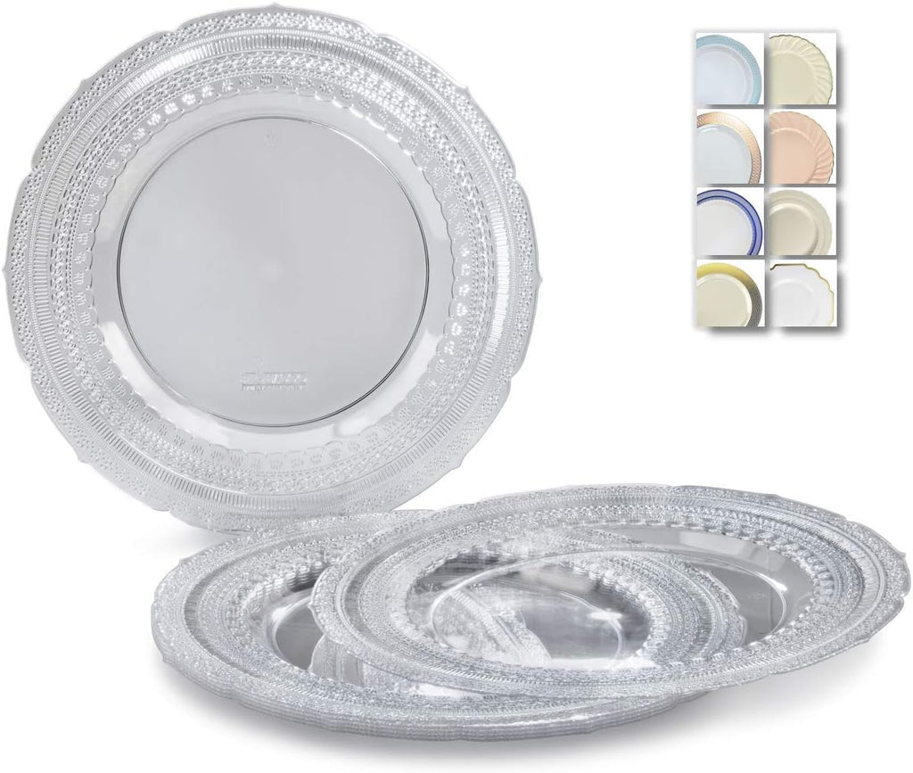 " OCCASIONS " 120 Plates Pack, Extra Heavyweight Disposable Vintage Wedding Party Plastic Plates (11'' Dinner Plate, Chateau in Blue)