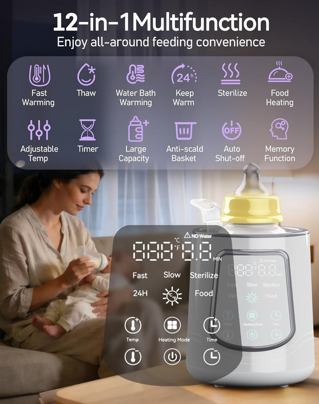 12 in 1 Fast Baby Bottle Warmer with Even Heating No Hot Spots, Night Mode, Sterili-zing, Constant Temp Milk Warmer for Breastmilk & Formula, Fits All Bottles Grey Main Image