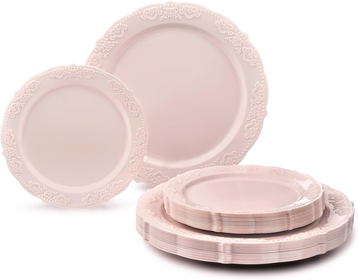 " OCCASIONS " 100 Plates Pack,(50 Guests) Vintage Wedding Party Disposable Plastic Plates Set -50x10.25'' Dinner + 50x7.5'' Salad/Dessert Plate (Portofino in plain Ivory)