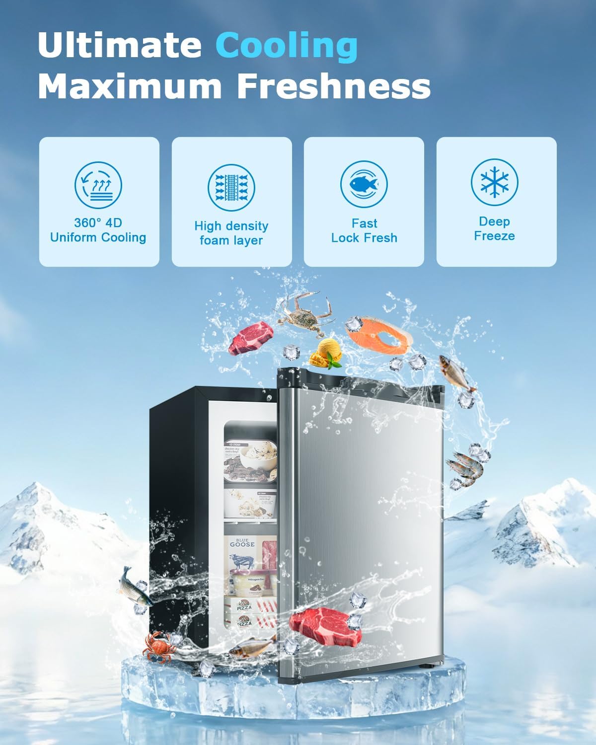 1.1 Cu.ft Mini Freezer - Compact Upright Freezer with 7 Adjustable Thermostat, Removable Shelf, Reversible Single Door, 360°Uniform Cooling Small freezer for Home Office Kitchen Dorm, Silver