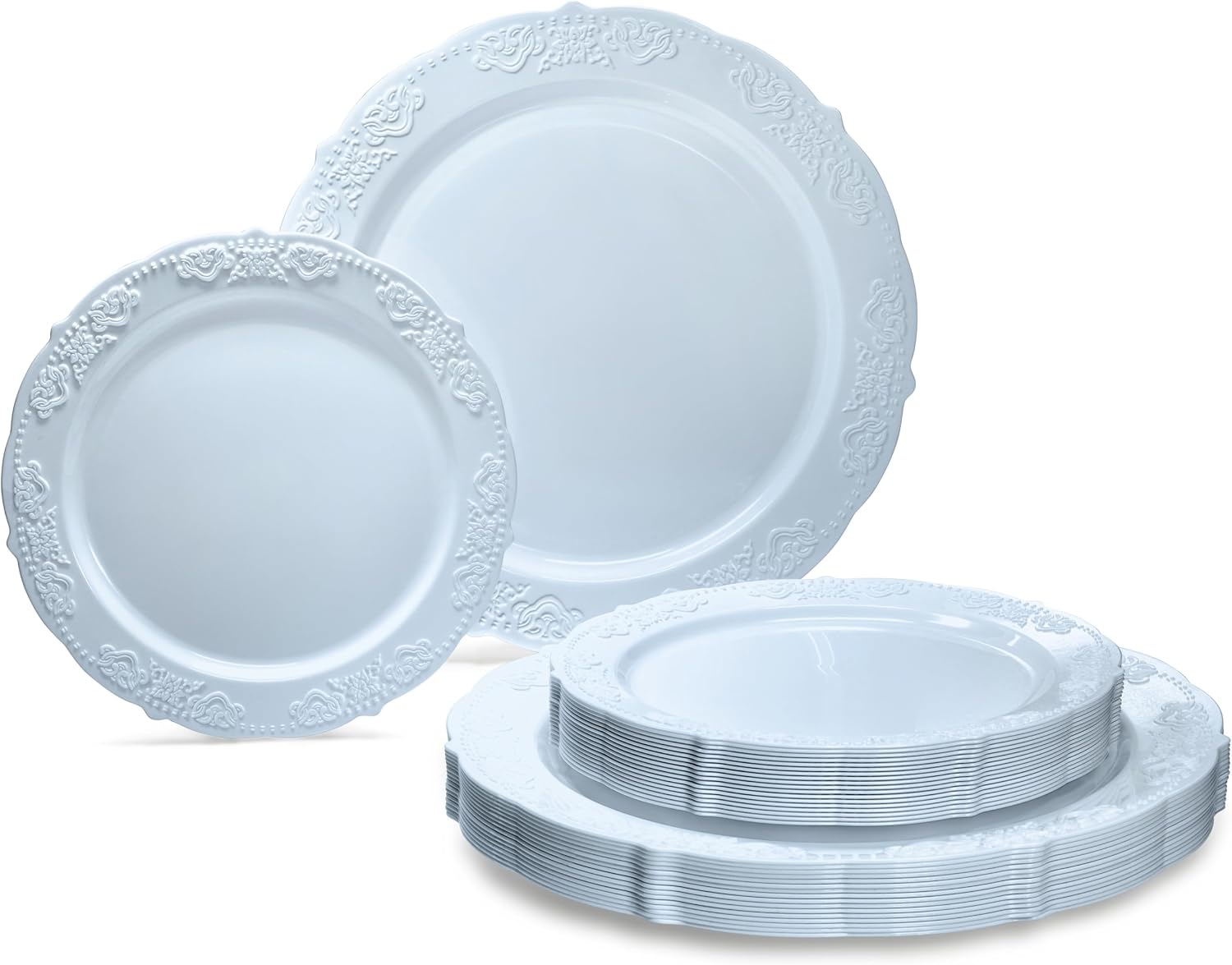 " OCCASIONS " 100 Plates Pack,(50 Guests) Vintage Wedding Party Disposable Plastic Plates Set -50x10.25'' Dinner + 50x7.5'' Salad/Dessert Plate (Portofino in plain Ivory)