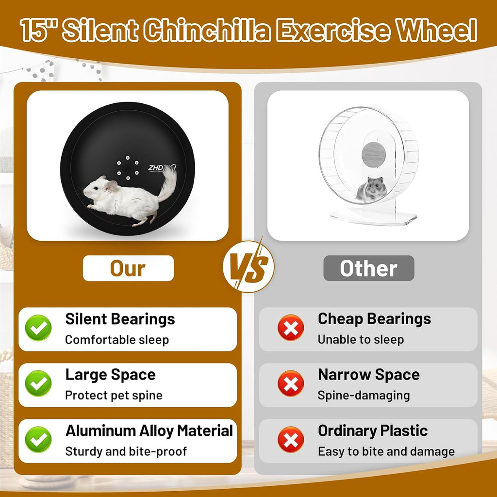 15" Silent Chinchilla Running Wheel, Aluminum Alloy Exercise Wheel, Quiet Ball Bearing, Suitable for Chinchillas, Hamsters, Hedgehogs, Syrian Hamsters and Other Small Pets