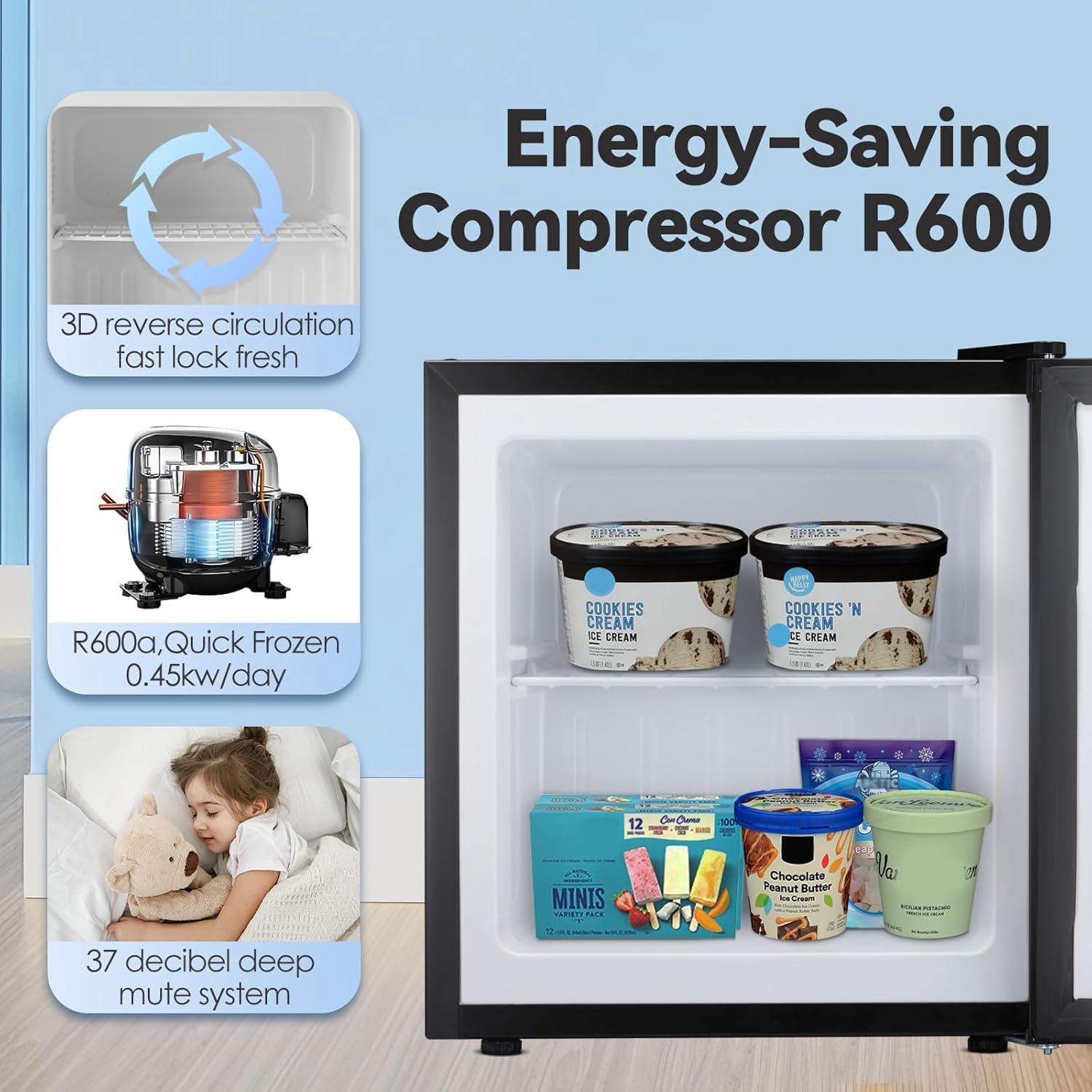 1.1 Cu.ft Small Upright Freezer, Mini Freezer with Removable Shelves, Adjustable Thermostat, Reversible Door Hinge, Quiet for Home/Dorm/Office/Kitchen, Black