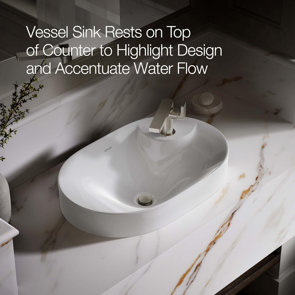 "KOHLER 31705-1-0 Chalice 22-3/4"" Oval Vessel Bathroom Vanity Sink Basin with Single Faucet Deck Hole, Bathroom Sinks Above Counter, White "