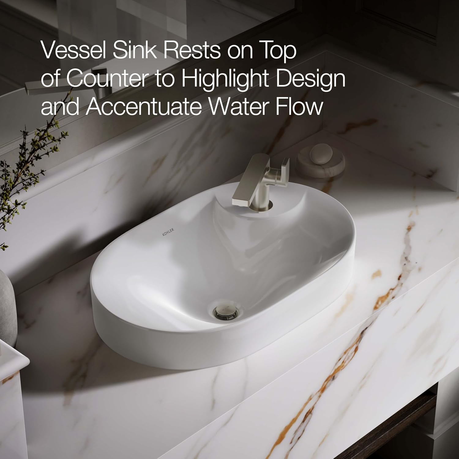 "KOHLER 31705-1-0 Chalice 22-3/4"" Oval Vessel Bathroom Vanity Sink Basin with Single Faucet Deck Hole, Bathroom Sinks Above Counter, White "