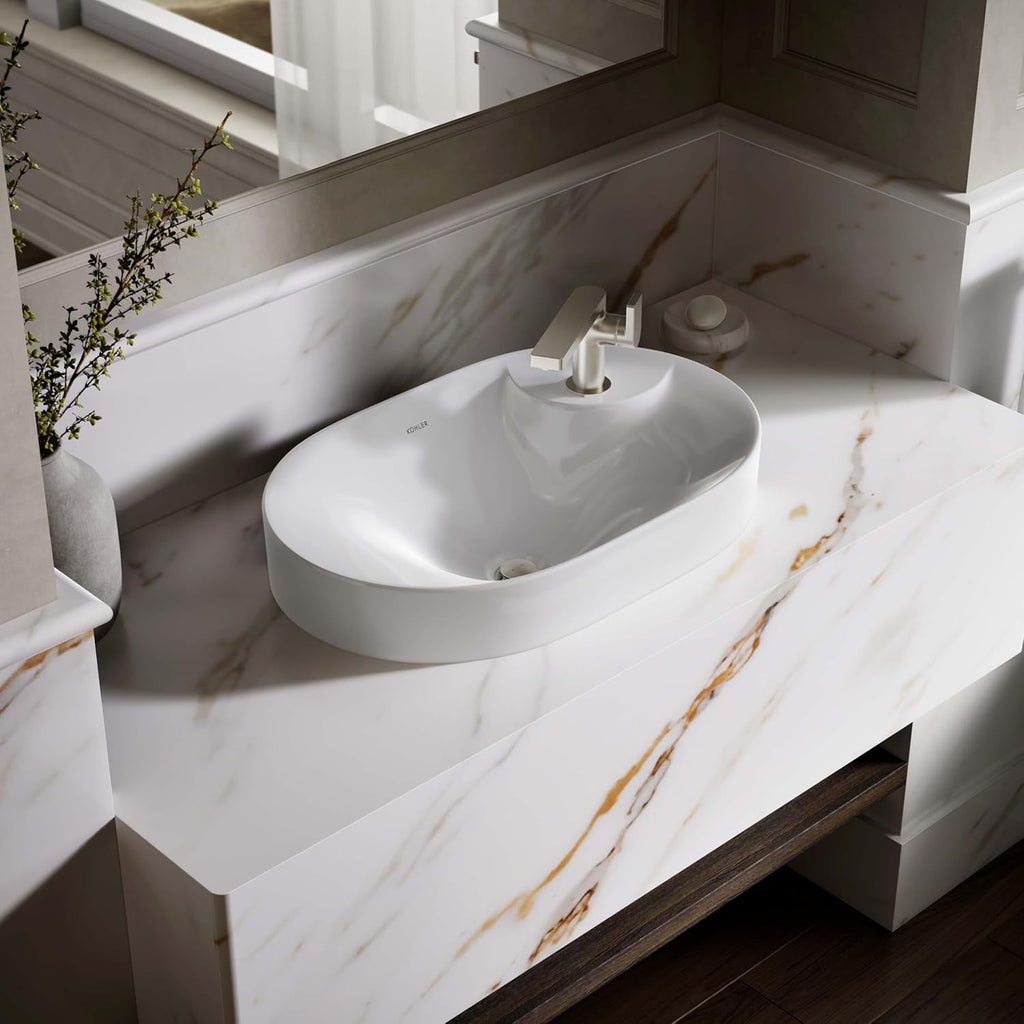 "KOHLER 31705-1-0 Chalice 22-3/4"" Oval Vessel Bathroom Vanity Sink Basin with Single Faucet Deck Hole, Bathroom Sinks Above Counter, White "