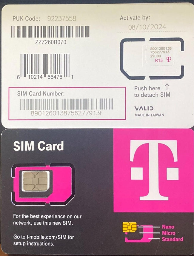 (10) T-Mobile SIM Card R15 5G 4G LTE TMobile Triple Cut Nano Micro 3 in 1 Ultimate TMO Starter Pack with Simbros Simkey to Remove The sim Tray on Any Device! Hover Image