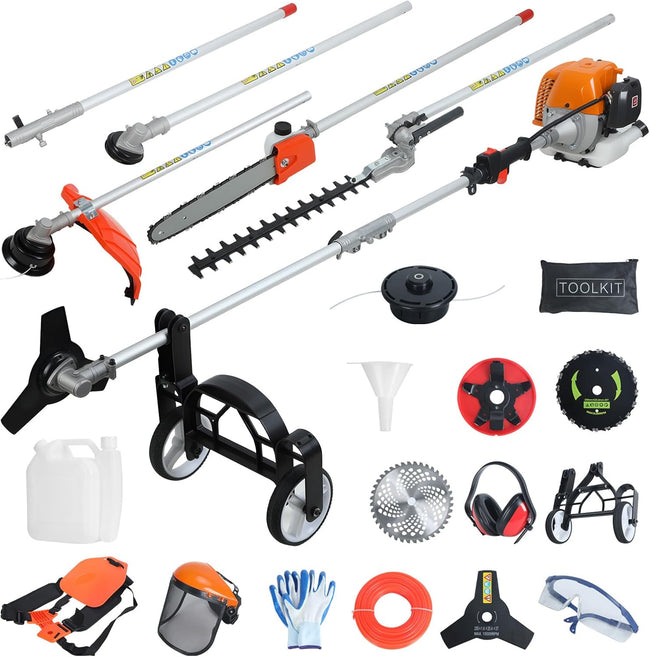 Gas Weed Eater 52cc, 2.3KW 2-Stroke Gas Powered Weed Wacker with Hedge Trimmer, Pole Saw, Brush Cutter & Auxiliary Wheel, Multi-Functional Lawn Care Tool for Yard, Garden Orange Hover Image