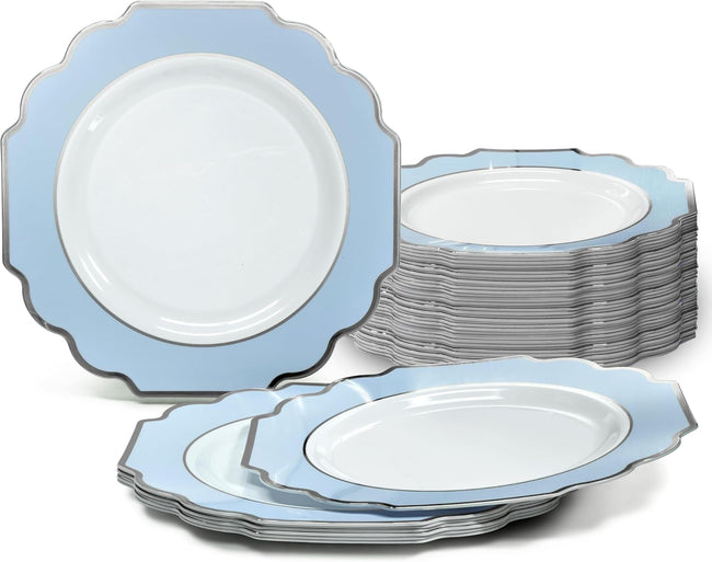 " OCCASIONS " 120 Plates Pack, Heavyweight Disposable Wedding Party Plastic Plates (6.5'' Cake/Dessert Plate, Imperial White/Blue & Silver) Hover Image