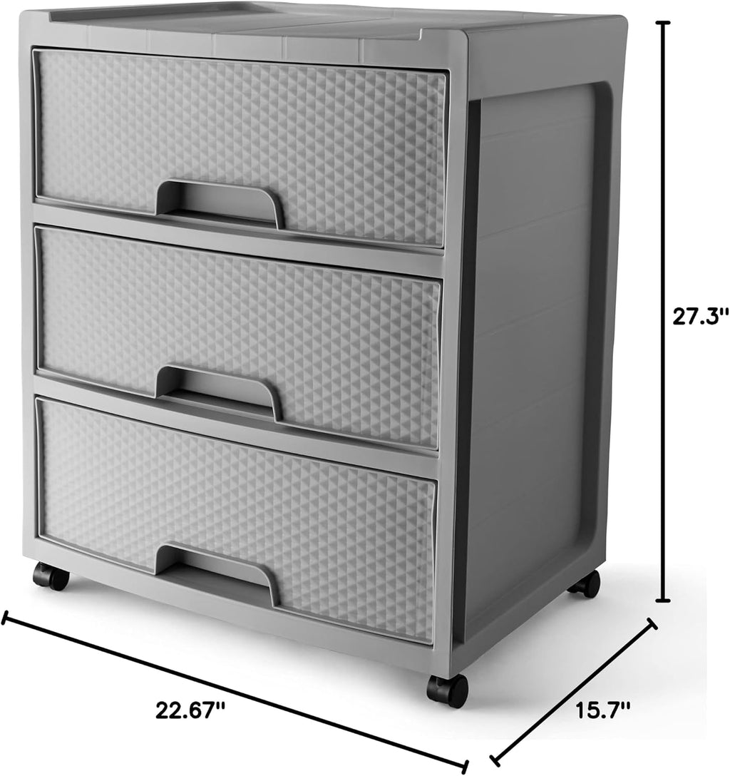 "SEDLAV 3 Drawer Wide Diamond Plastic Storage Cart - Soft Silver Finish, Versatile Storage Solution for Home, Office, or Dorm Rooms"