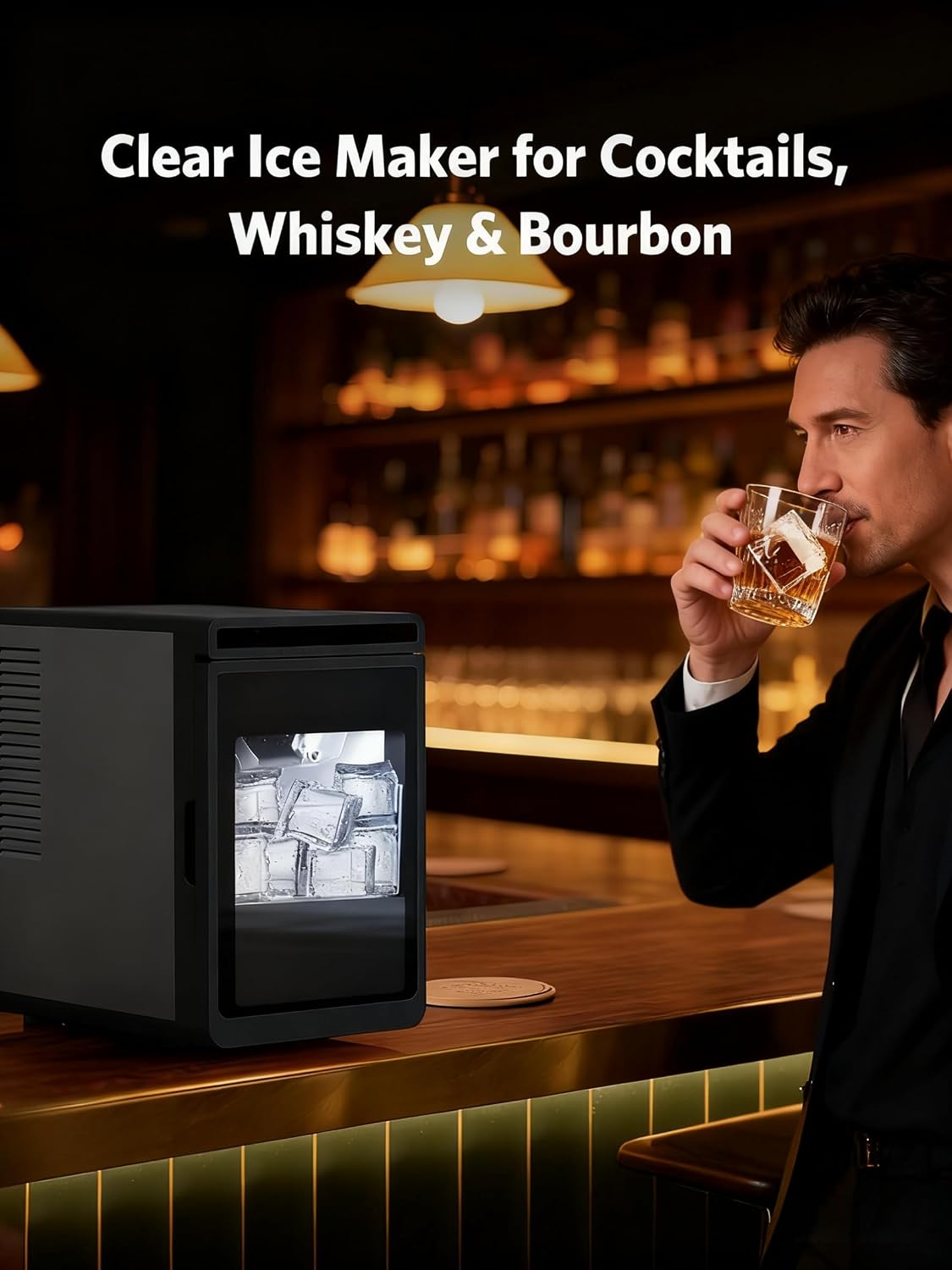1.6" Crystal Clear Ice Maker Countertop-Produces 9 Clear Cubic Ice per Hour, 24H Timer, Self-Cleaning Countertop Ice Cube Maker with 5 Ice Cube Sizes for Whiskey & Cocktails, ETL Listed