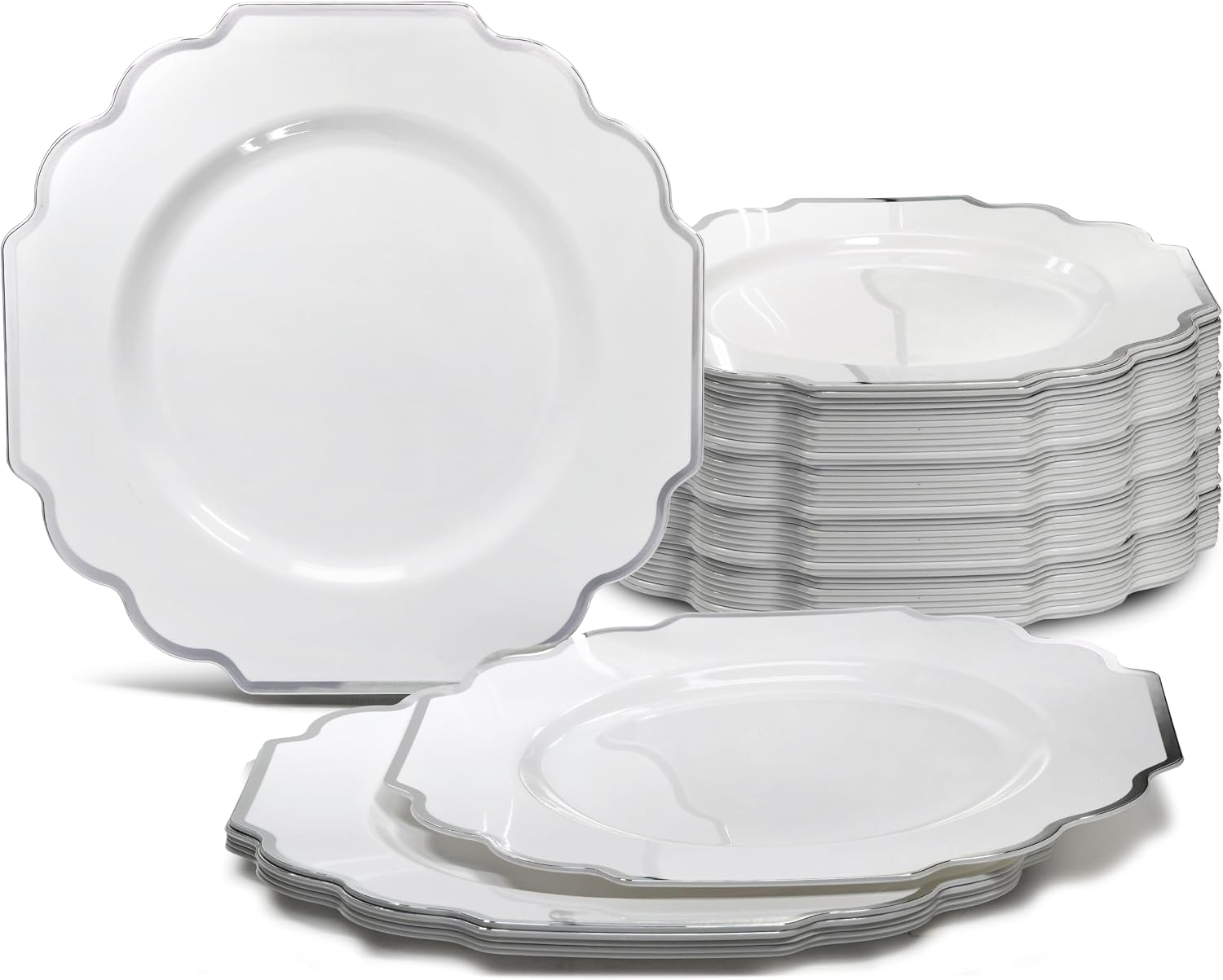 " OCCASIONS " 120 Plates Pack, Heavyweight Disposable Wedding Party Plastic Plates (6.5'' Cake/Dessert Plate, Imperial White/Blue & Silver)