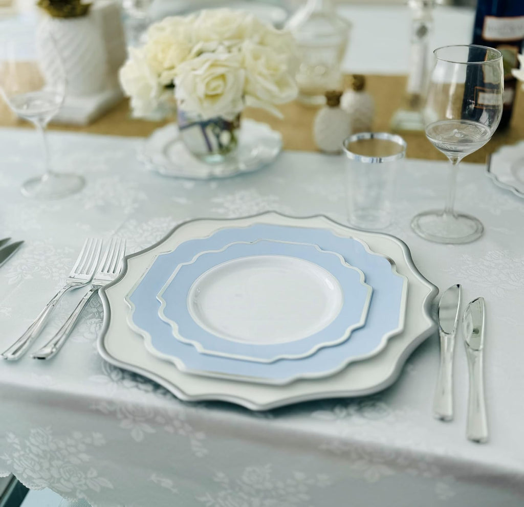 " OCCASIONS " 120 Plates Pack, Heavyweight Disposable Wedding Party Plastic Plates (6.5'' Cake/Dessert Plate, Imperial White/Blue & Silver)