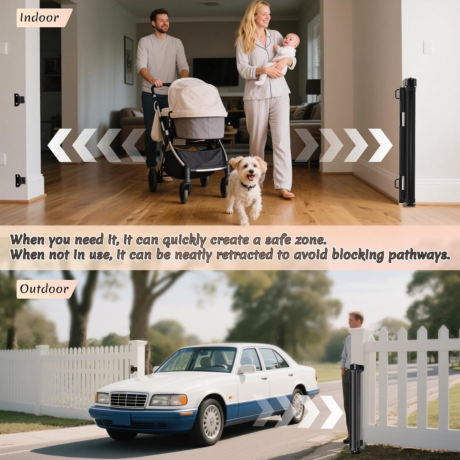 120 inch Retractable Baby Gates 34 inch Tall, Retractable Gate with Reinforced Strip Design to Prevent Crawling Through, 10 FT Extra Wide Retractable Dog Gate for Indoor/Outdoor