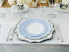 " OCCASIONS " 120 Plates Pack, Heavyweight Disposable Wedding Party Plastic Plates (6.5'' Cake/Dessert Plate, Imperial White/Blue & Silver)