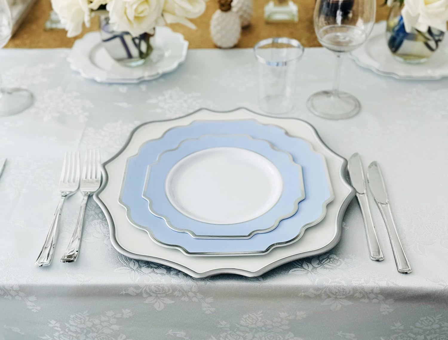 " OCCASIONS " 120 Plates Pack, Heavyweight Disposable Wedding Party Plastic Plates (6.5'' Cake/Dessert Plate, Imperial White/Blue & Silver)