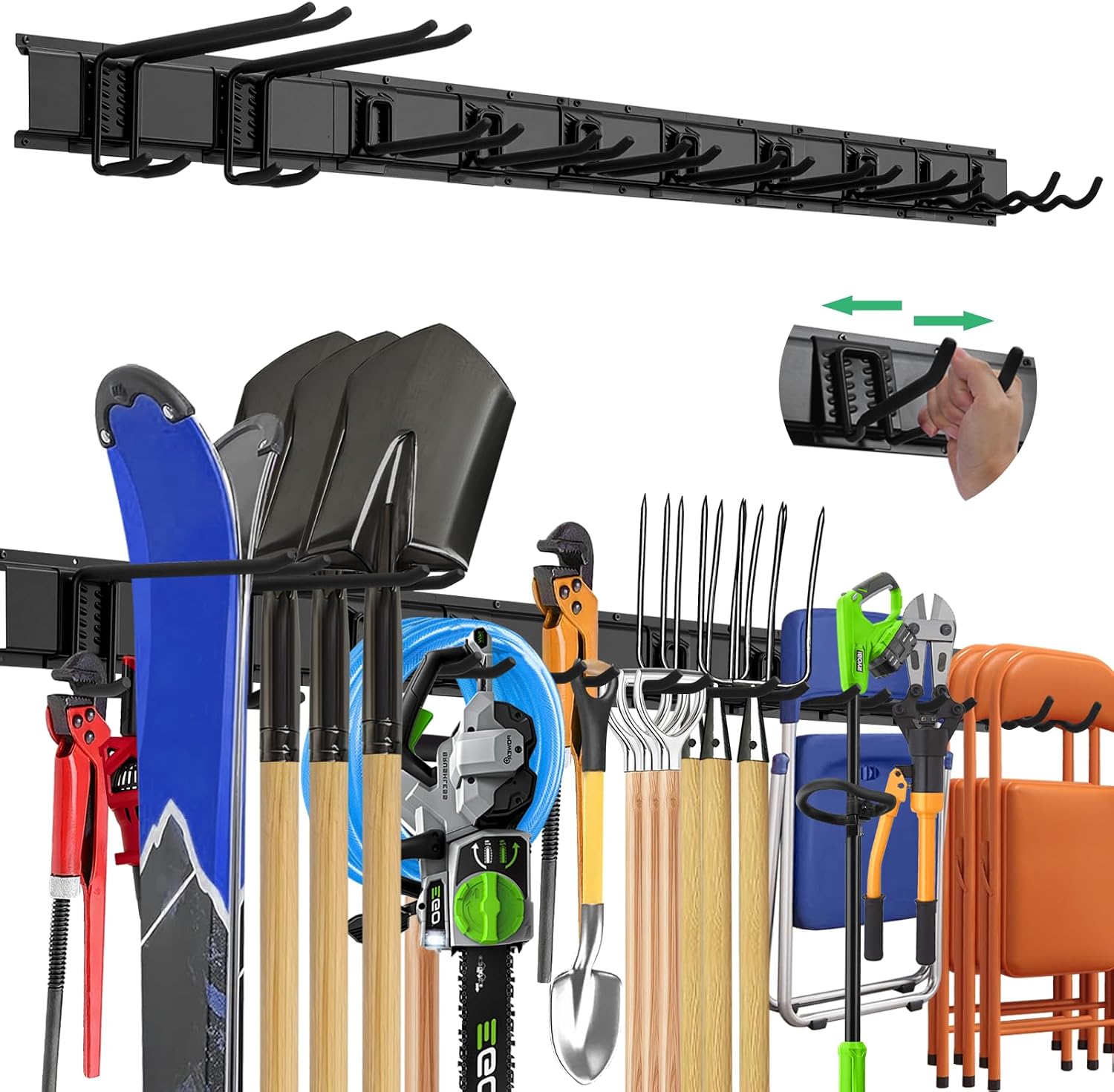 "48 Garage Tool Organizer Wall Mount - Heavy Duty 520lbs Metal Storage Rack, Easy Install Adjustable Hooks for Garden Tools Brooms