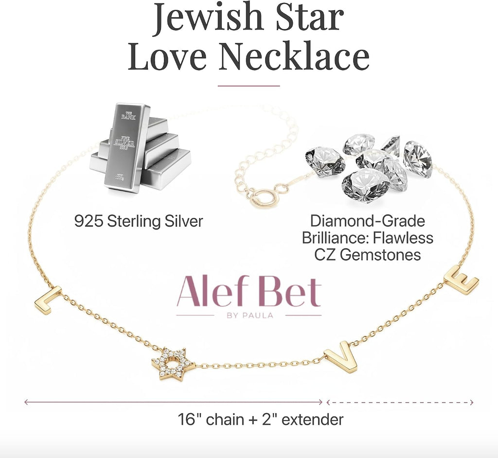 LOVE WITH A JEWISH STAR IN GOLD: The word LOVE is spelled out in warm yellow gold script letter charms where the letter O is replaced by a Star of David set with cubic zirconia, a clever and beautiful