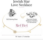 LOVE WITH A JEWISH STAR IN GOLD: The word LOVE is spelled out in warm yellow gold script letter charms where the letter O is replaced by a Star of David set with cubic zirconia, a clever and beautiful