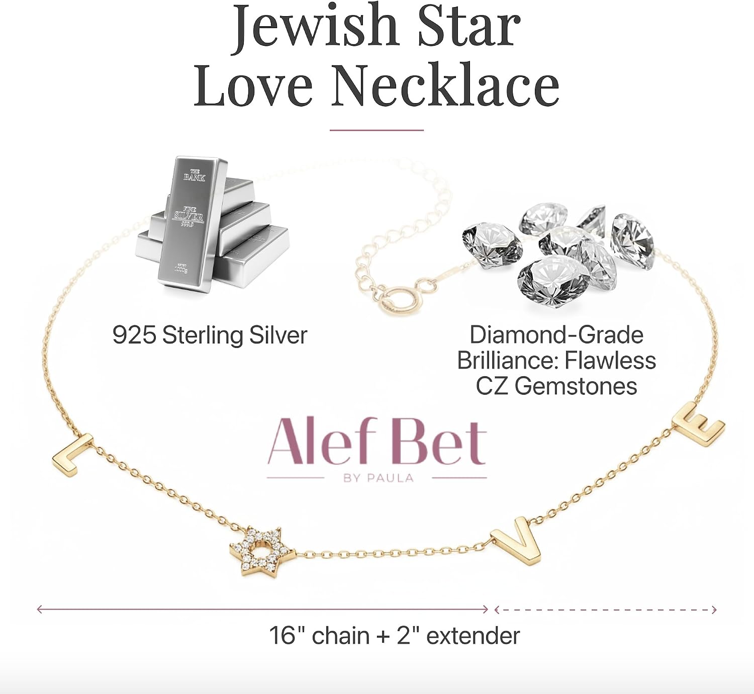 LOVE WITH A JEWISH STAR IN GOLD: The word LOVE is spelled out in warm yellow gold script letter charms where the letter O is replaced by a Star of David set with cubic zirconia, a clever and beautiful