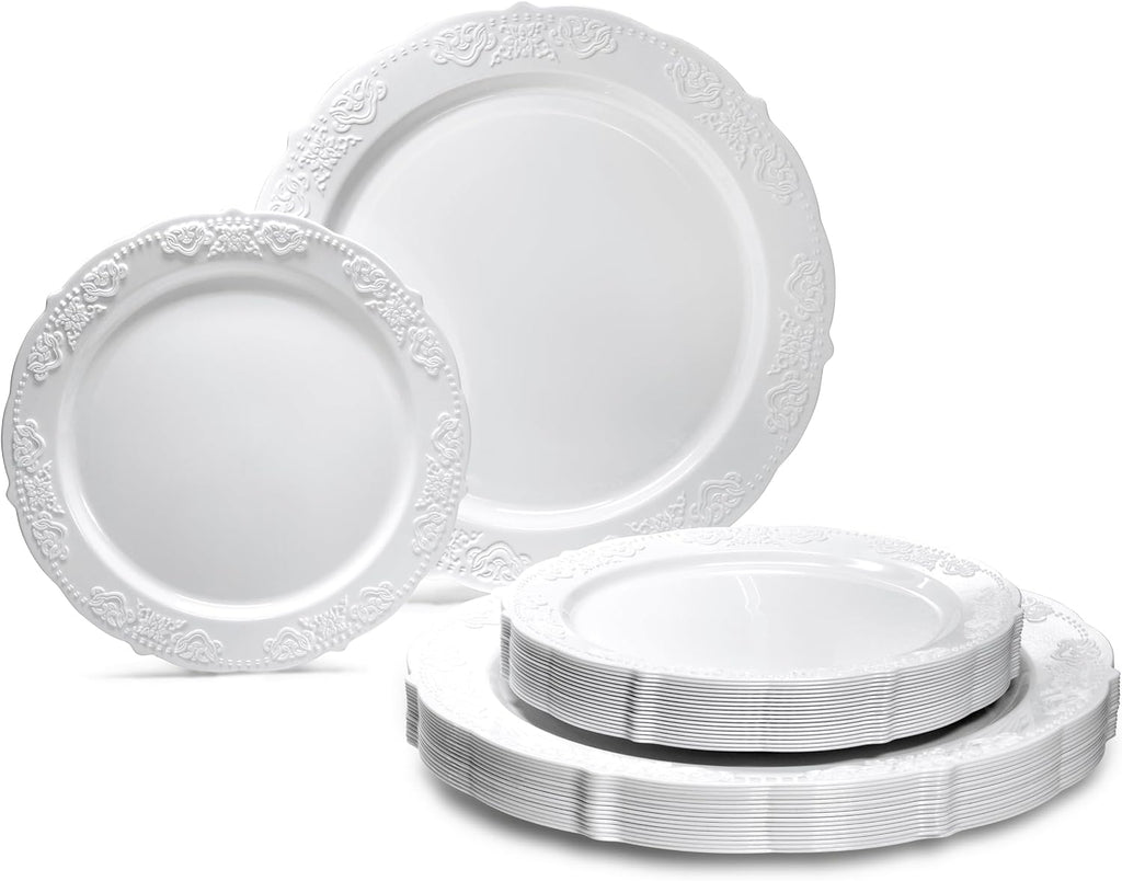 " OCCASIONS " 100 Plates Pack,(50 Guests) Vintage Wedding Party Disposable Plastic Plates Set -50x10.25'' Dinner + 50x7.5'' Salad/Dessert Plate (Portofino in plain Ivory)