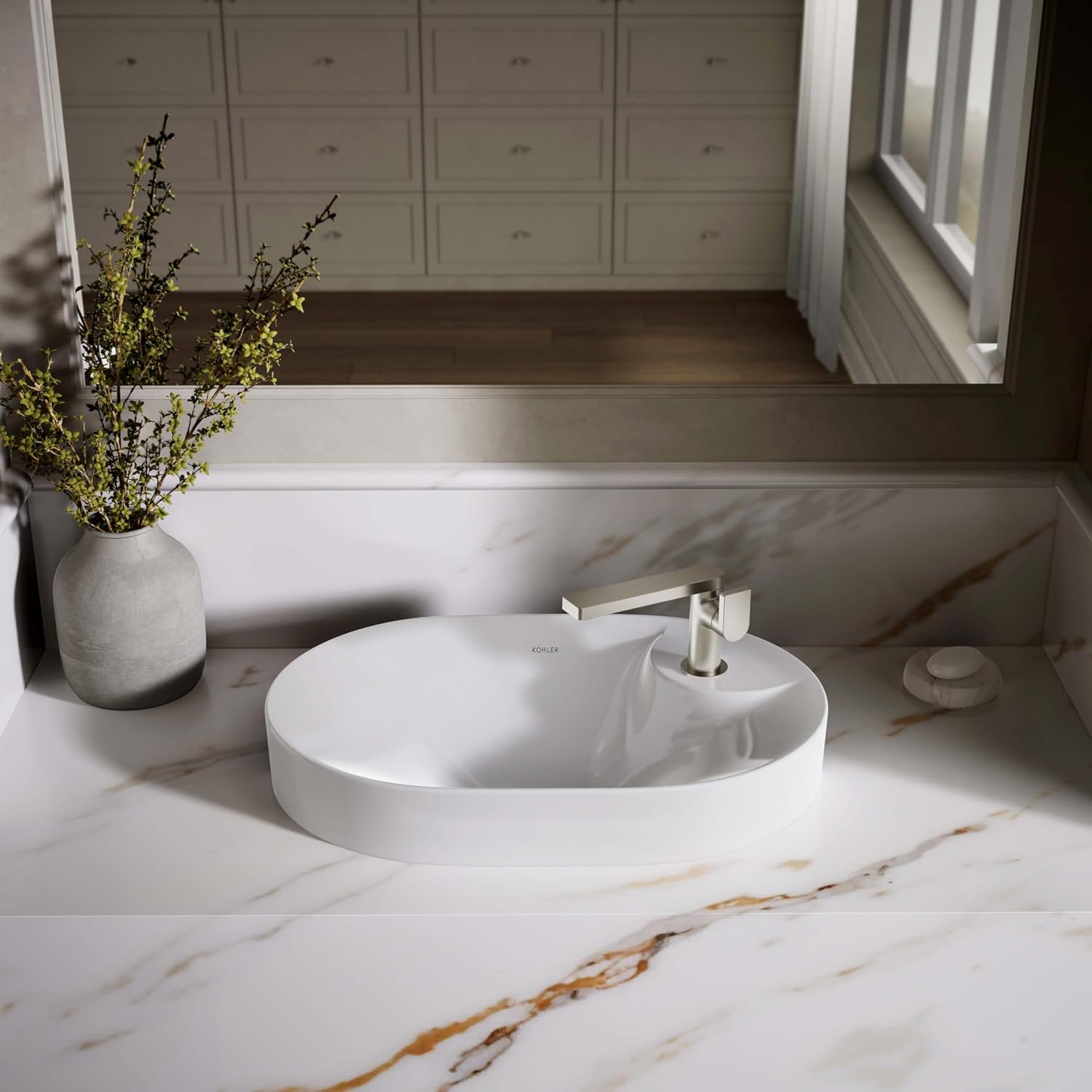 "KOHLER 31705-1-0 Chalice 22-3/4"" Oval Vessel Bathroom Vanity Sink Basin with Single Faucet Deck Hole, Bathroom Sinks Above Counter, White "