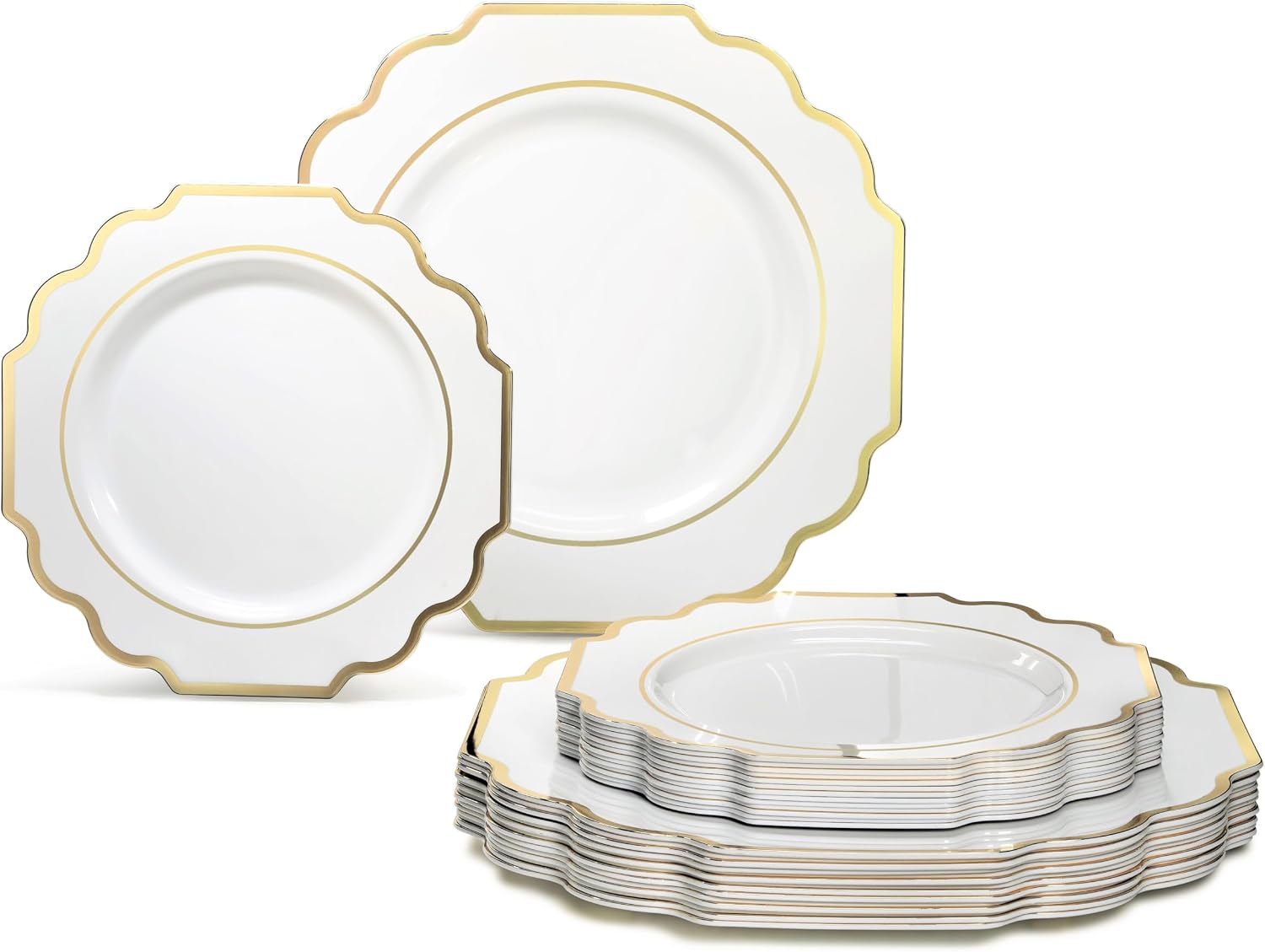 " OCCASIONS " 120 Plates Pack, Heavyweight Disposable Wedding Party Plastic Plates (6.5'' Cake/Dessert Plate, Imperial White/Blue & Silver)