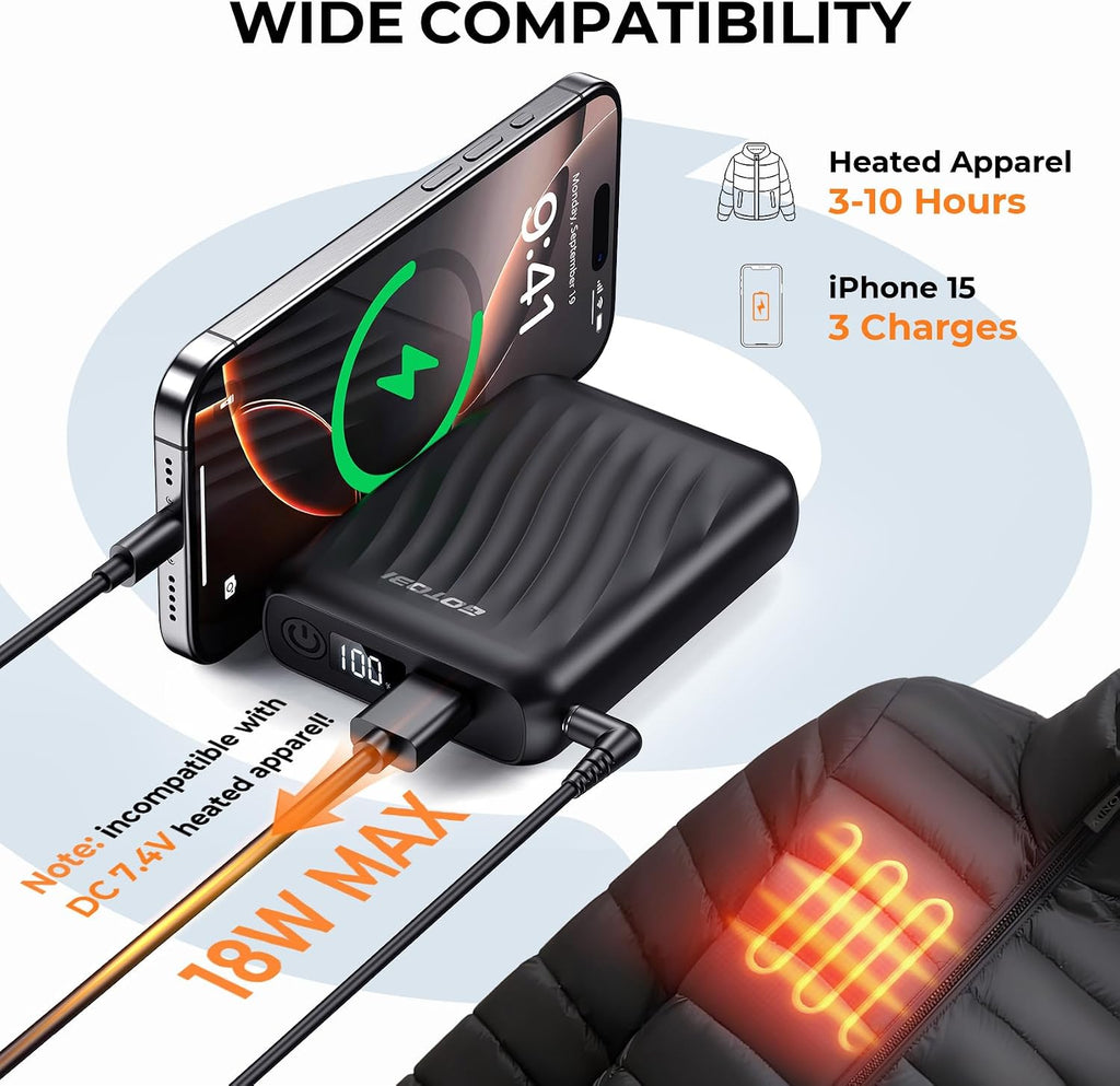 Heated Jacket Battery Pack - Power Bank with LED Display and 2 Adapter Cables for Wulcea, ULUSERN, Genovega, and Other Outdoor Heating Coat