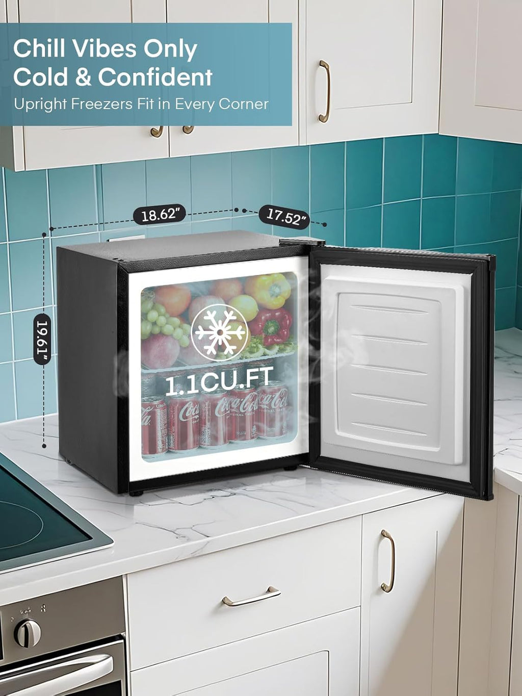 1.1 Cu.Ft Mini Freezer with Reversible Door, Ultra Quiet (43dB) Safe for Bedroom & Dorm, Countertop Size with Adjustable Temperature Control, Removable Shelf