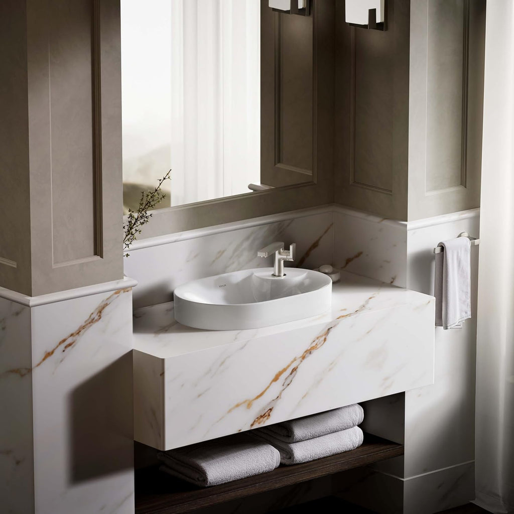 "KOHLER 31705-1-0 Chalice 22-3/4"" Oval Vessel Bathroom Vanity Sink Basin with Single Faucet Deck Hole, Bathroom Sinks Above Counter, White "