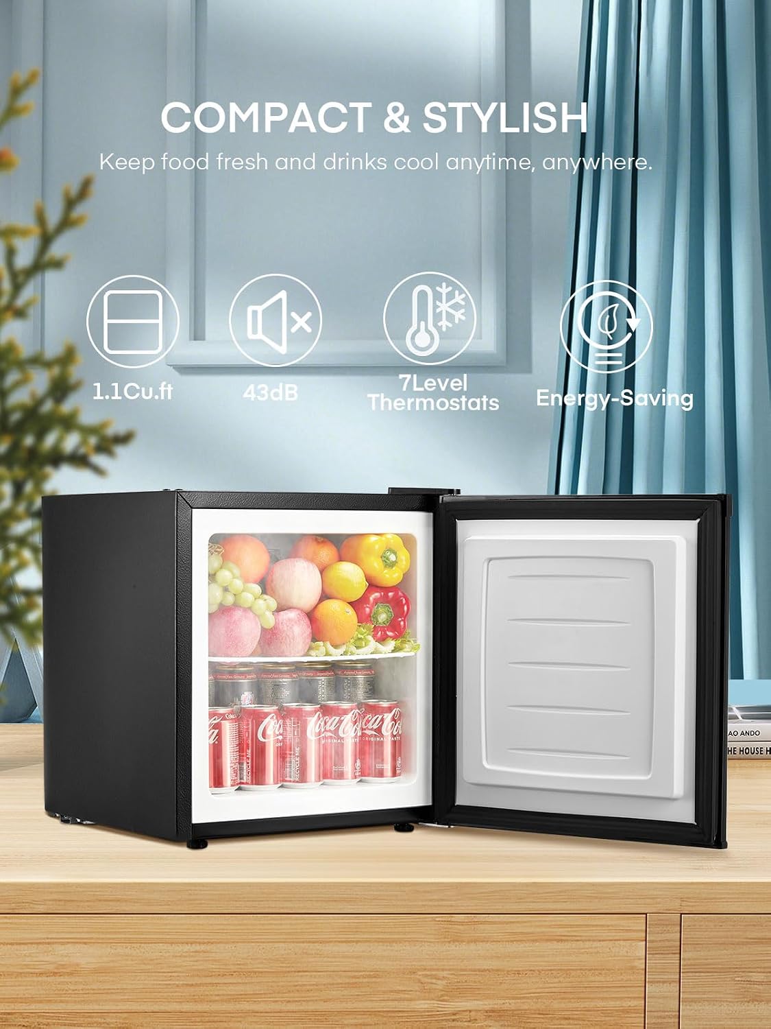 1.1 Cu.Ft Mini Freezer, Compact Countertop Freezer with Reversible Door and 7 Adjustable Temperature, Removable Wire Shelf for Home/Dorms/Apartment/Office, New Black