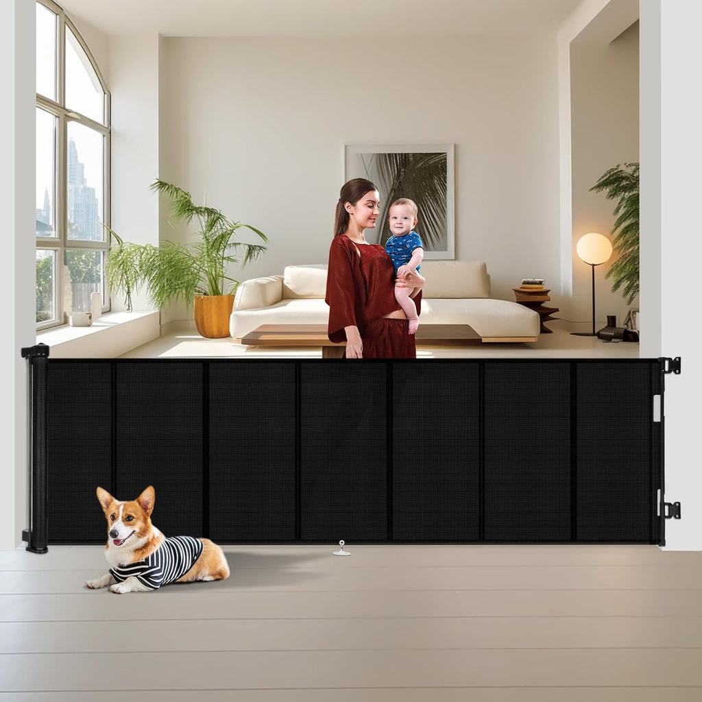 120 inch Retractable Baby Gates 34 inch Tall, Retractable Gate with Reinforced Strip Design to Prevent Crawling Through, 10 FT Extra Wide Retractable Dog Gate for Indoor/Outdoor