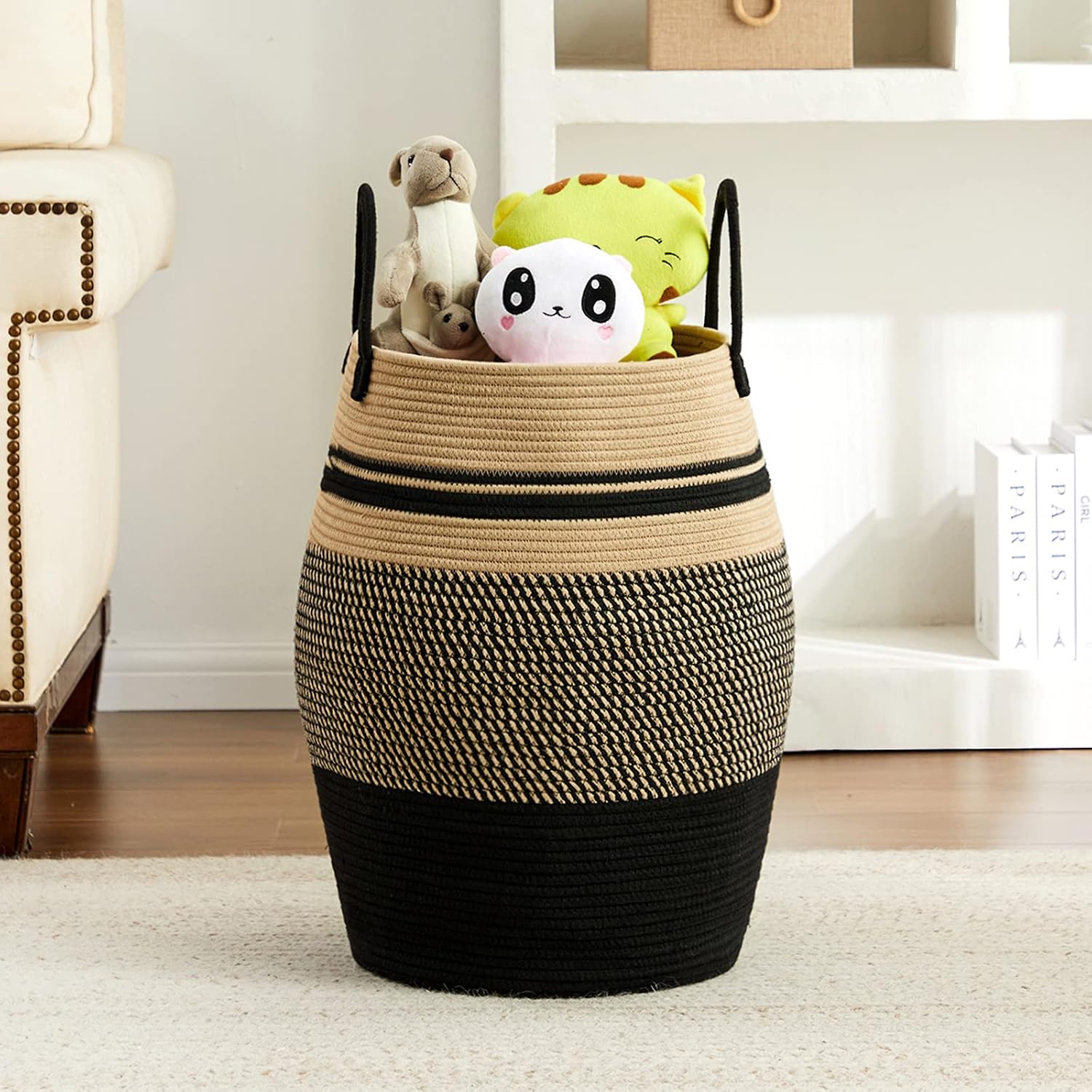105L Extra Large Laundry Hamper Basket by Fiona's magic, Woven Tall Clothes Hamper for Storage Blanket, Toys and Dirty Cothes in Bedroom and Living Room Organizer, Brown & Black
