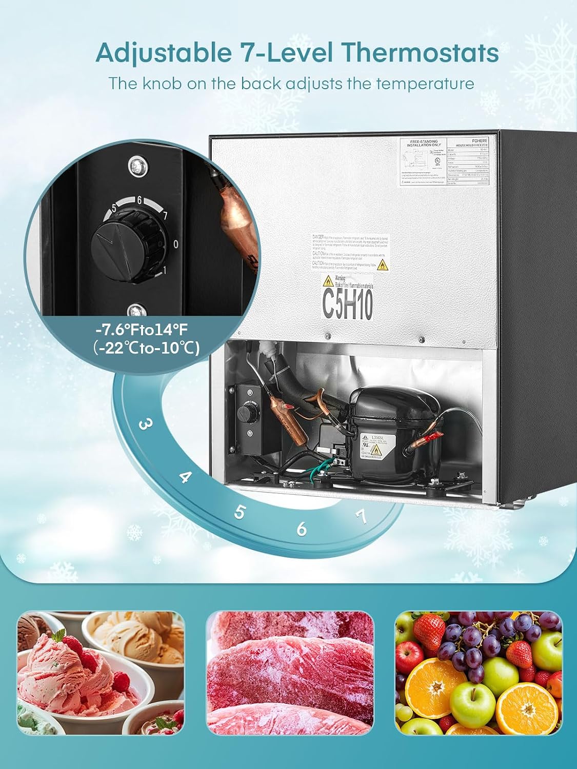 1.1 Cu.Ft Mini Freezer with Reversible Door, Ultra Quiet (43dB) Safe for Bedroom & Dorm, Countertop Size with Adjustable Temperature Control, Removable Shelf