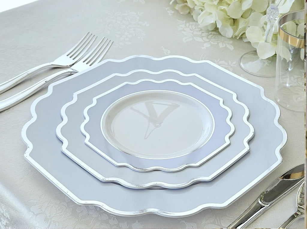 " OCCASIONS " 120 Plates Pack, Heavyweight Disposable Wedding Party Plastic Plates (6.5'' Cake/Dessert Plate, Imperial White/Blue & Silver)