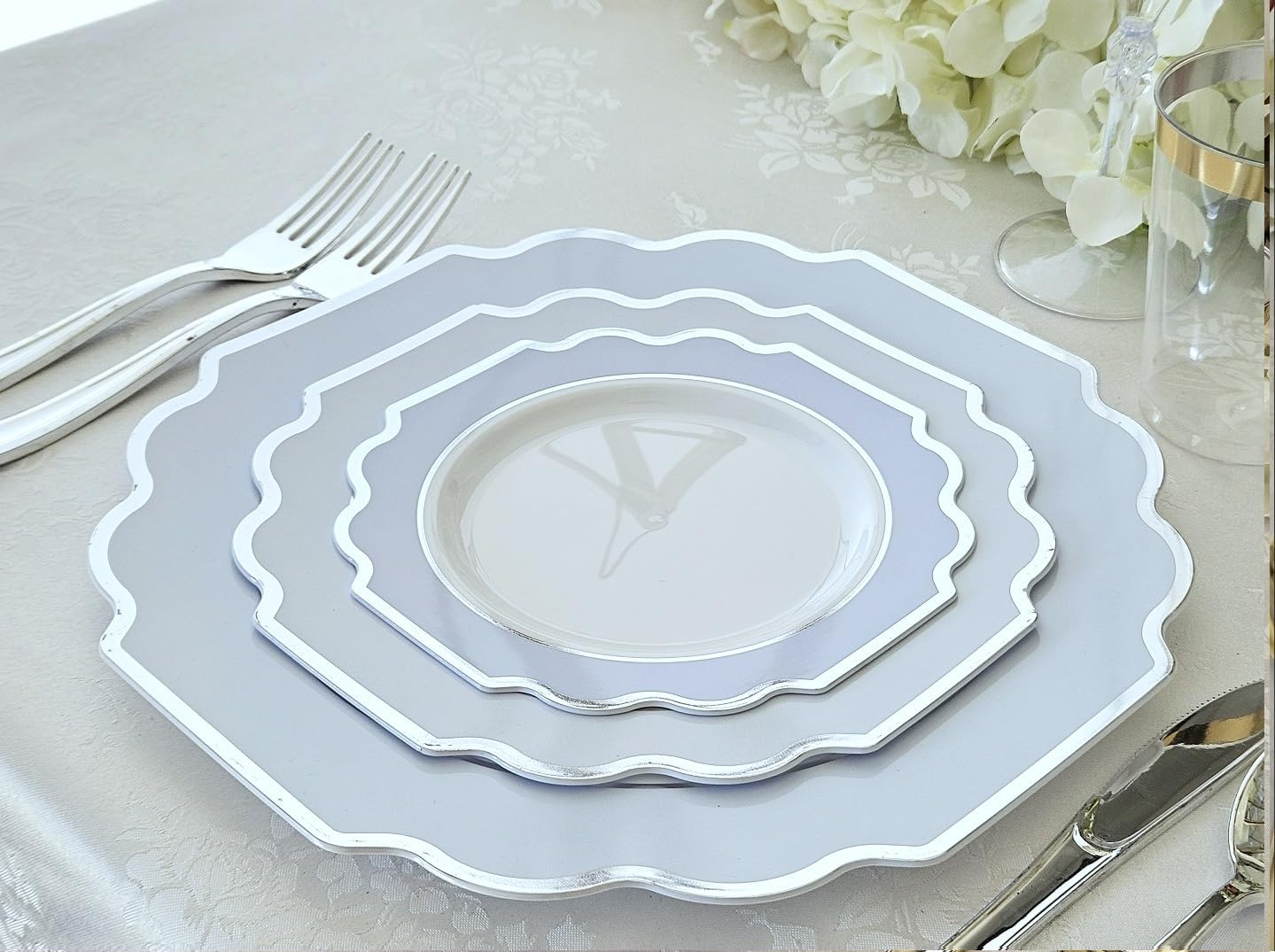 " OCCASIONS " 120 Plates Pack, Heavyweight Disposable Wedding Party Plastic Plates (6.5'' Cake/Dessert Plate, Imperial White/Blue & Silver)