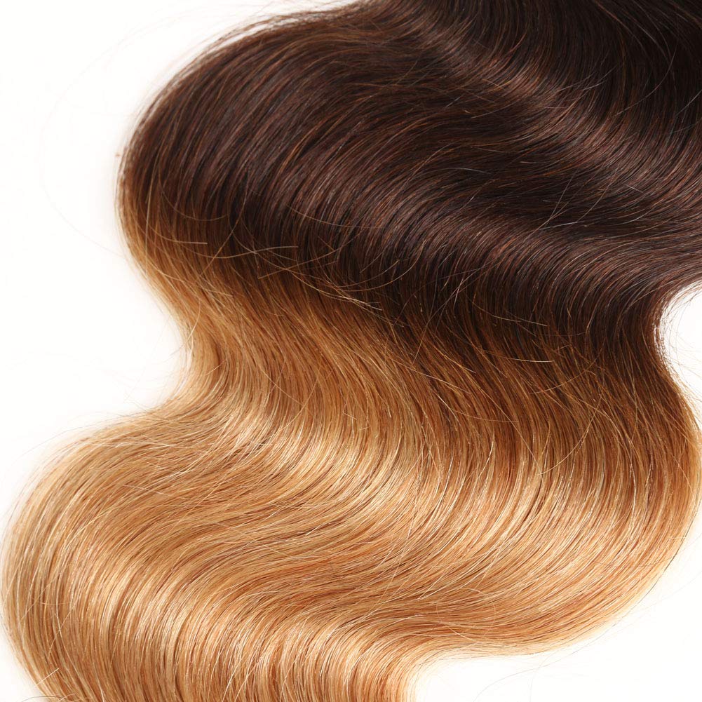 Ombre Human Hair Bundles with Closure 100% Unprocessed Virgin Brazilian Human Hair Body Wave 4 Bundles with 4x4 Lace Closure Free Part (10 10 10 10+10#T1B/4/27)