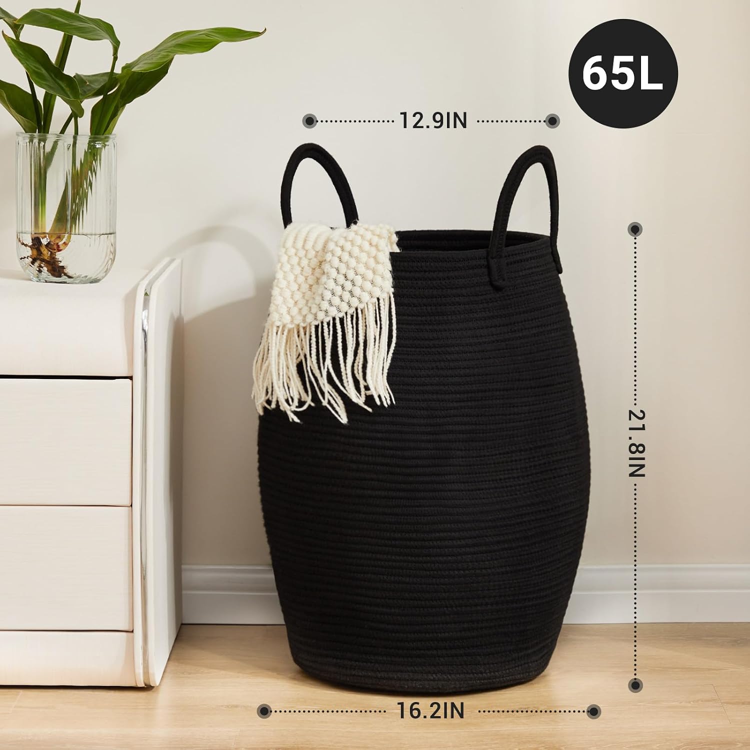 105L Extra Large Laundry Hamper Basket by Fiona's magic, Woven Tall Clothes Hamper for Storage Blanket, Toys and Dirty Cothes in Bedroom and Living Room Organizer, Brown & Black