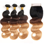 Ombre Human Hair Bundles with Closure 100% Unprocessed Virgin Brazilian Human Hair Body Wave 4 Bundles with 4x4 Lace Closure Free Part (10 10 10 10+10#T1B/4/27)