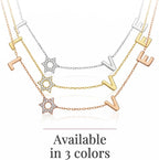 LOVE WITH A JEWISH STAR IN GOLD: The word LOVE is spelled out in warm yellow gold script letter charms where the letter O is replaced by a Star of David set with cubic zirconia, a clever and beautiful