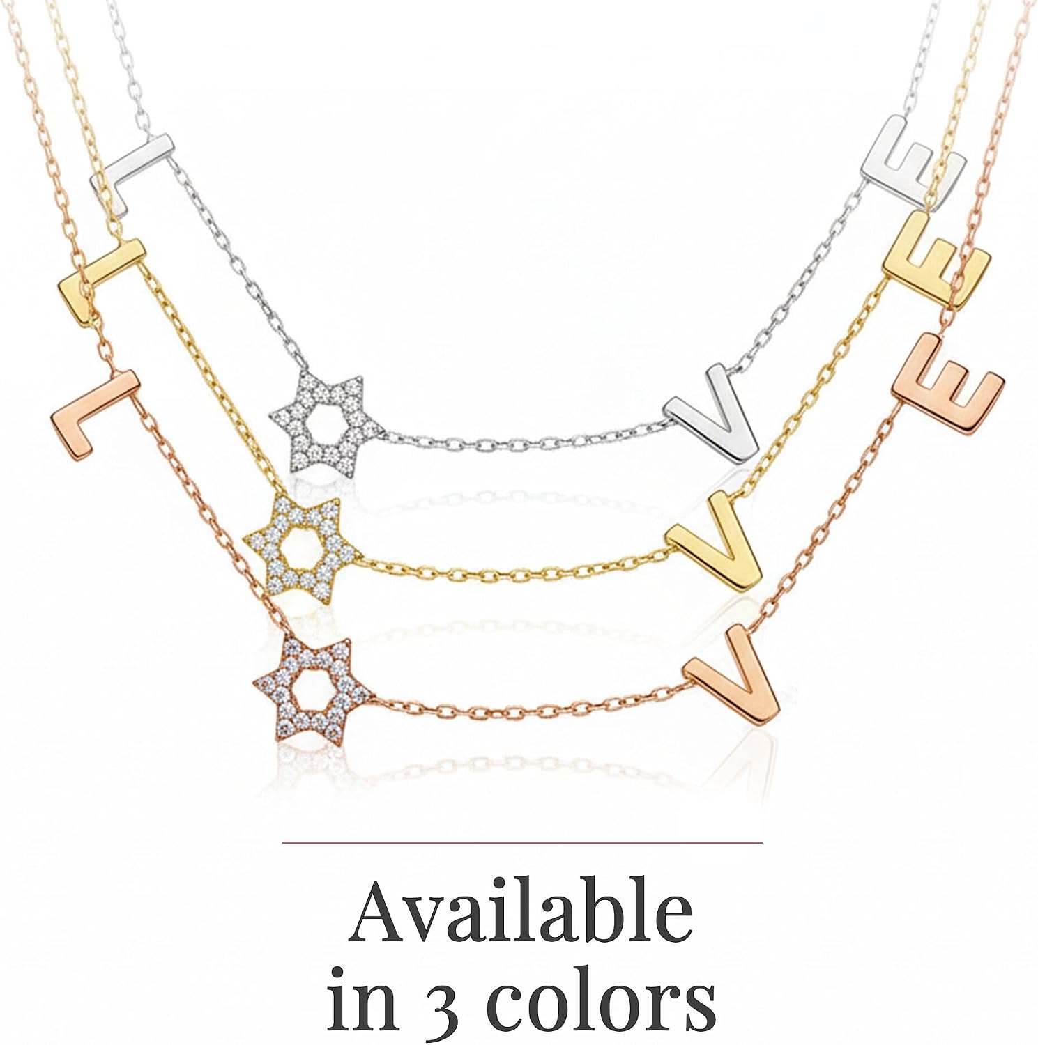 LOVE WITH A JEWISH STAR IN GOLD: The word LOVE is spelled out in warm yellow gold script letter charms where the letter O is replaced by a Star of David set with cubic zirconia, a clever and beautiful
